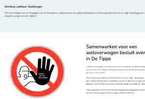 screenshot van de website leefbaarstadshagen.nl met een groot "geen AZC in DE TIPPE!" logo.